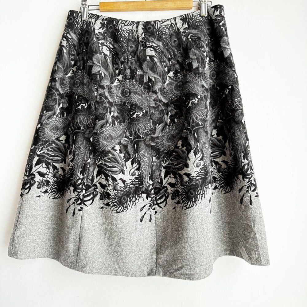 Talbots Grey Floral Peacock Feather Print A line Print 10
